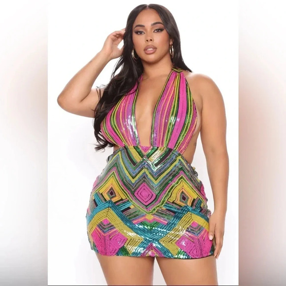 Fashion Nova Backless Halter Top Embellished Multicolor Sequin Mini Dress - Picture 1 of 11